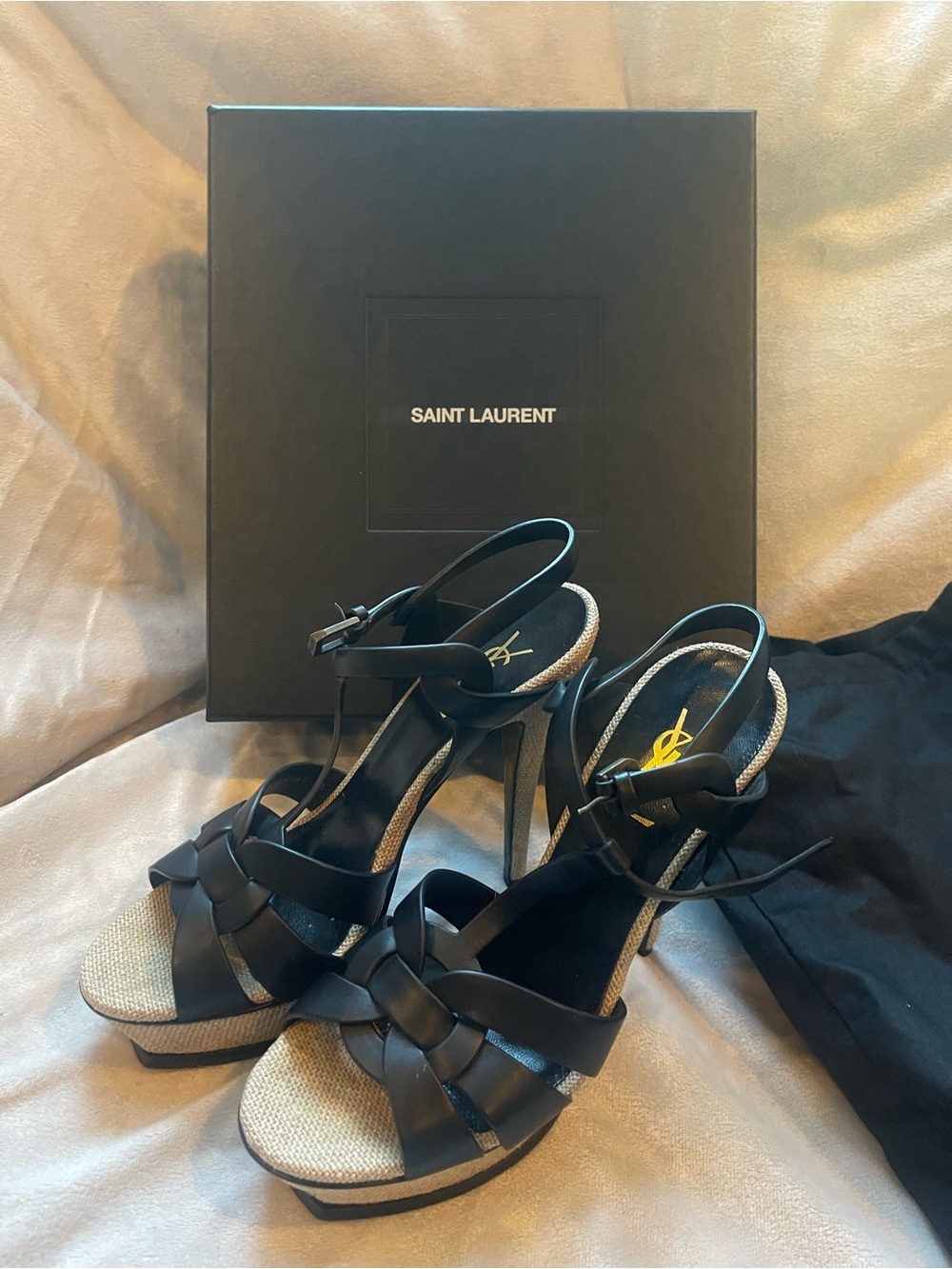 Saint Laurent Black Leather Platform Sandals with Raffia Trim